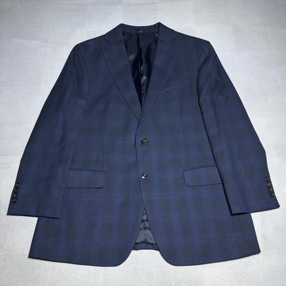 Jos A Bank Navy Black Windowpane Plaid Wool Linen Blazer Jacket Size 42R - Picture 1 of 16